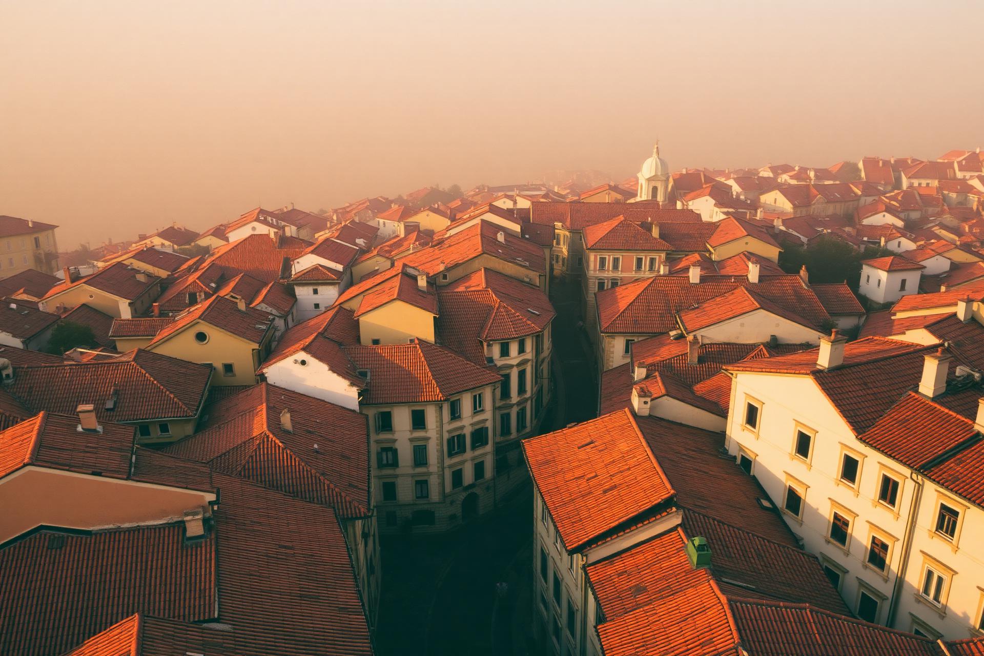 Aerial view of a warm-toned old town at golden hour
